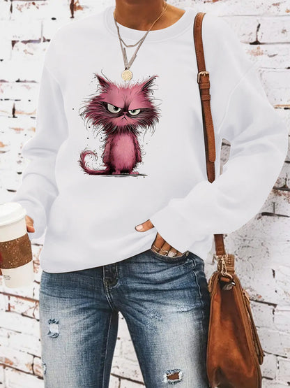 Damen Sweatshirt Katzenmotiv Eveloria Weiss