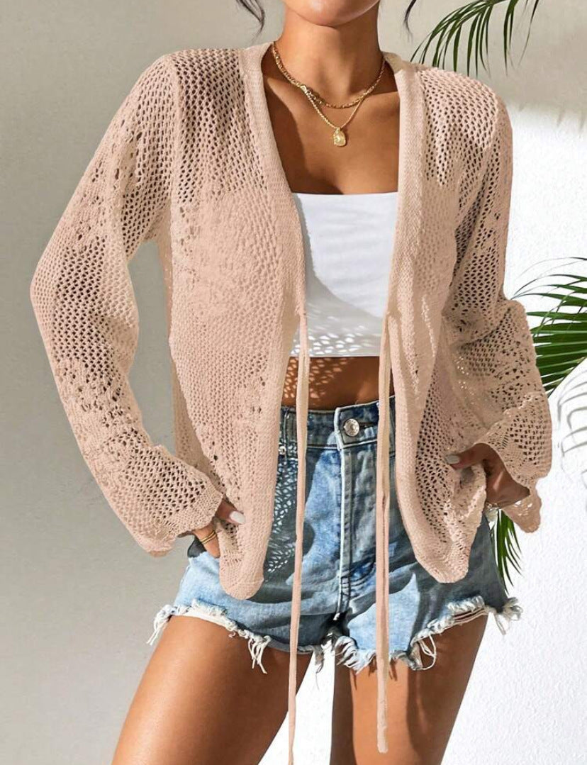 Damen Strickjacke Häkelstruktur Bindeverschluss Beige