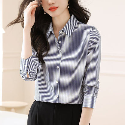 Damen Hemdbluse Gestreift Eleganter Kragen Weiß