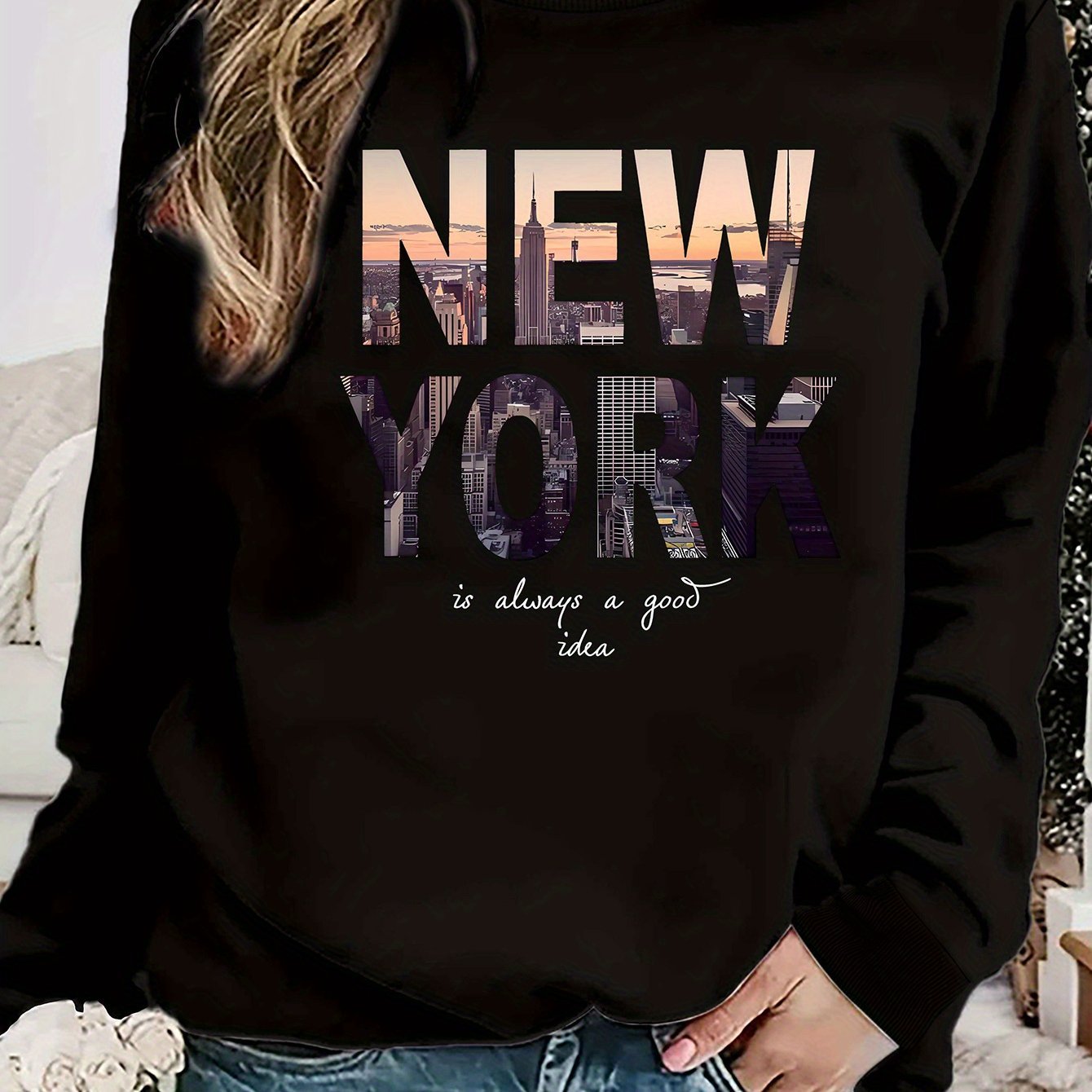 Damen Sweatshirt New York Skyline Druck Gemütlich Größe S-XXL