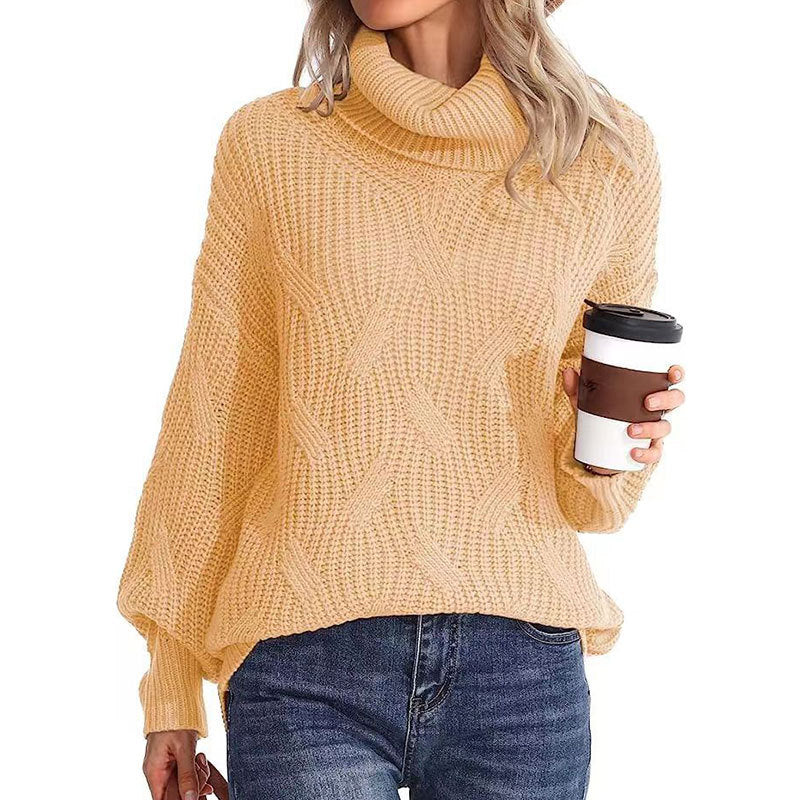 Damen Strickpullover Hochkragen Strukturmaschen Optik
