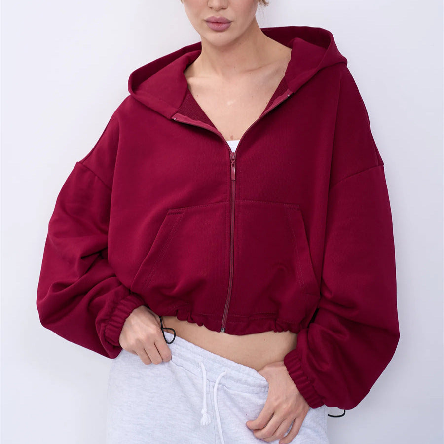 Damen Cropped Kapuzenjacke Reißverschluss Übergroße Ärmel Eveloria