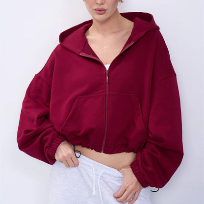 Damen Cropped Kapuzenjacke Reißverschluss Übergroße Ärmel Eveloria