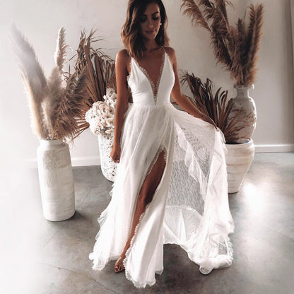 Damen Spitzenkleid V-Ausschnitt Volumöser Rock Eveloria