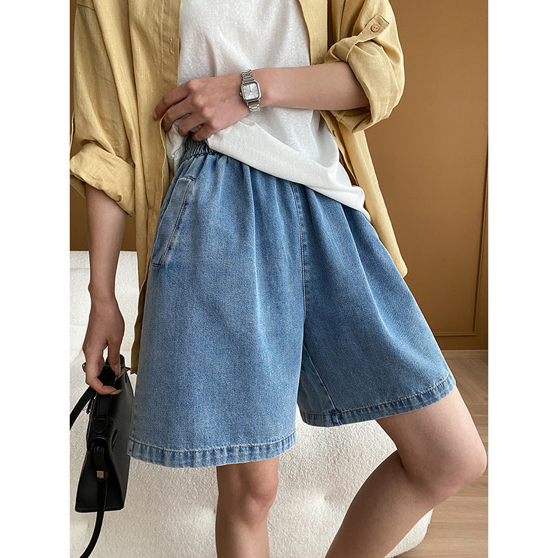Damen Denim Shorts Elastischer Bund Praktische Taschen Blau Eveloria - Eveloria