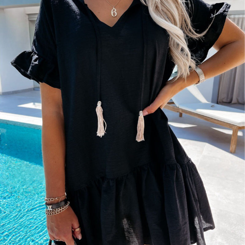 Damen Sommerkleid V-Ausschnitt Rüschendetails Kurzärmelig