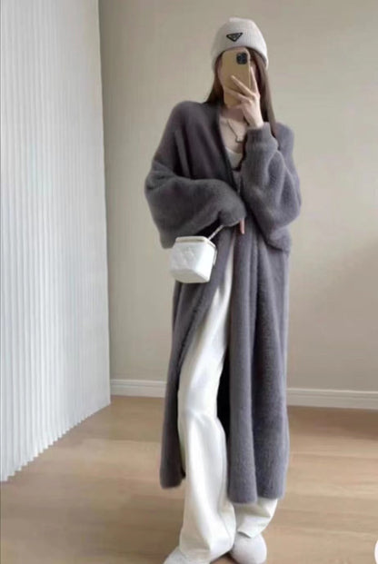 Damen Maxi Cardigan Flauschig V-Ausschnitt Oversized Beige