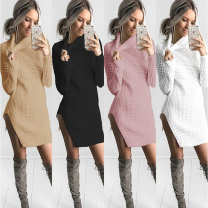 Damen Strickpullover Hochkragen Seitenschlitz Eveloria