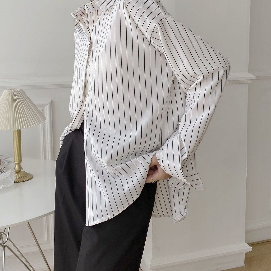 Damen Klassische Hemdbluse Streifenoptik Weiße Bluse