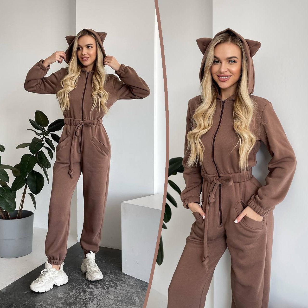 Damen Jumpsuit Kuschelig Känguru-Taschen Tierohren Grau - Eveloria