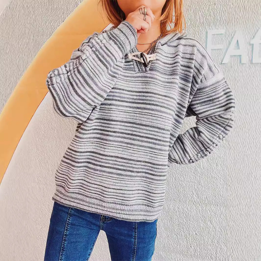 Damen Hoodie Streifen Breite Ärmel Kordelzug Weiss