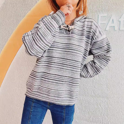 Damen Hoodie Streifen Breite Ärmel Kordelzug Weiss