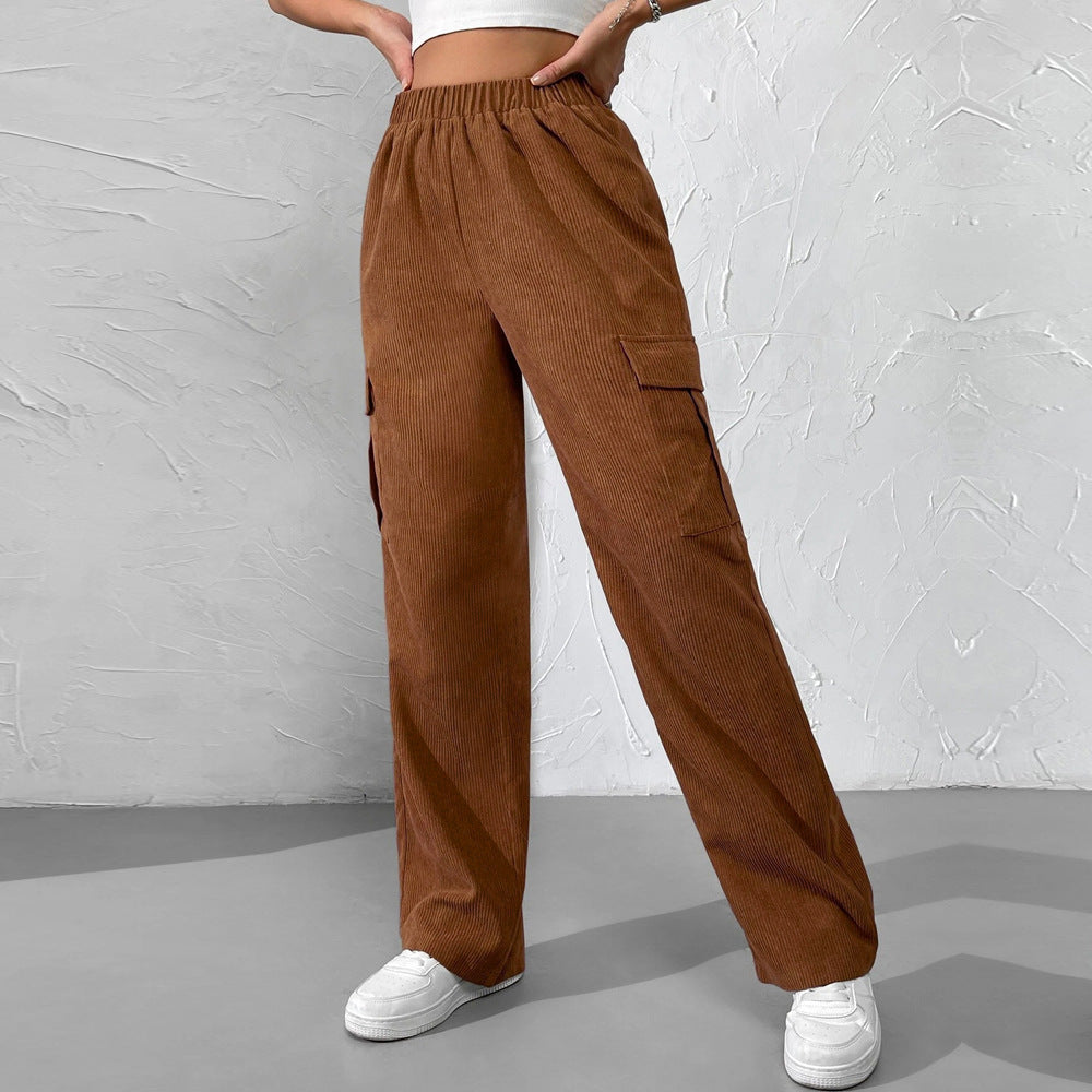 Damen Cargohose Samt Elastischer Bund Beige