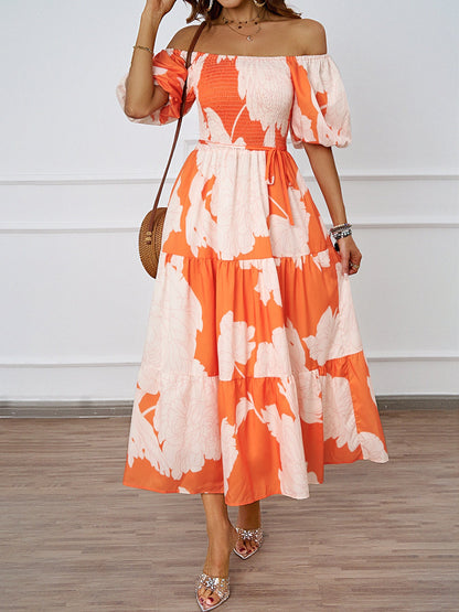 Damen Maxikleid Off-Shoulder Voluminöse Ärmel Floral-Print