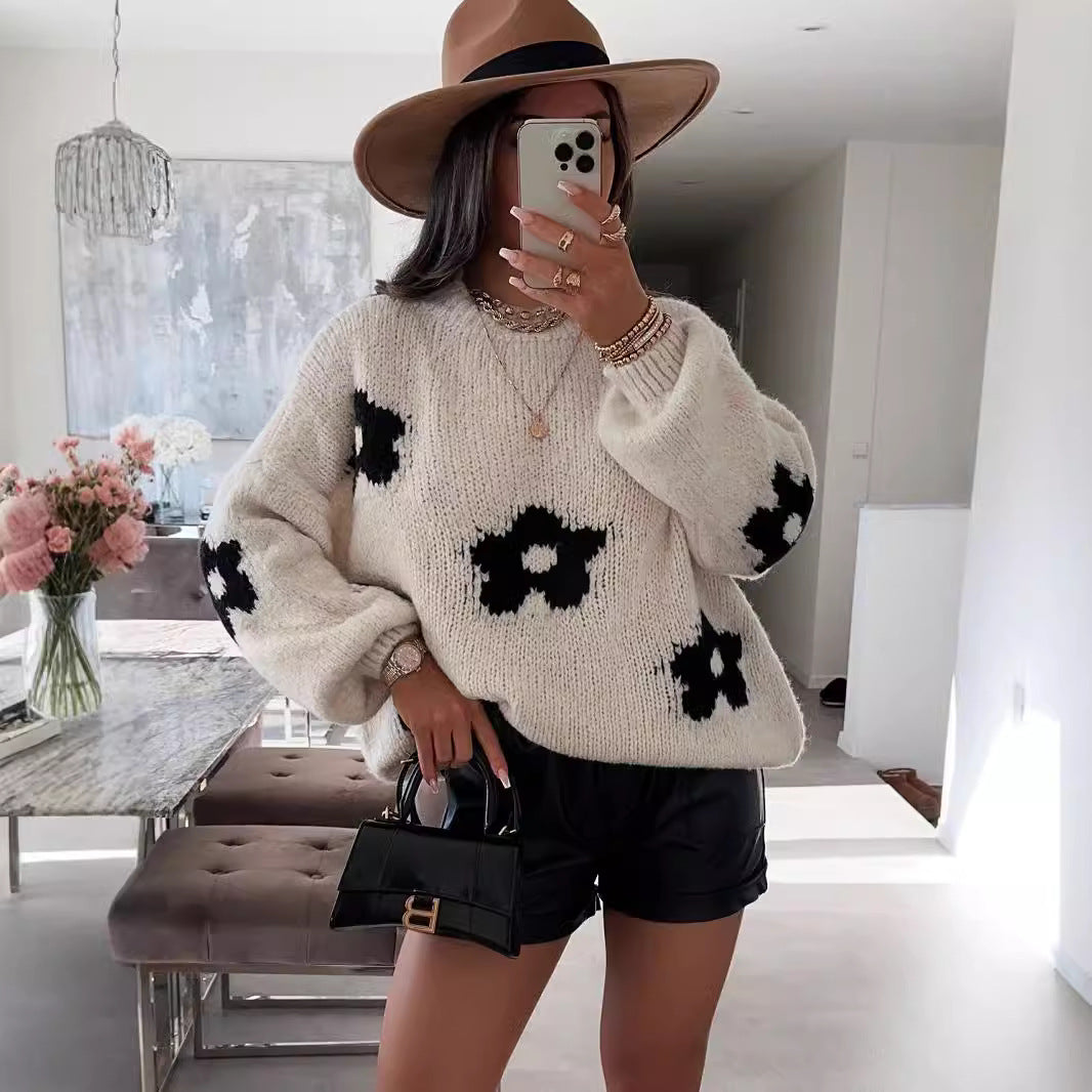 Damen Strickpullover Blumendesign Weich