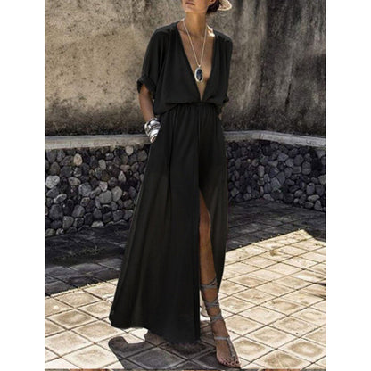 Damen Maxikleid V-Ausschnitt Raffierter Schlitz Eveloria