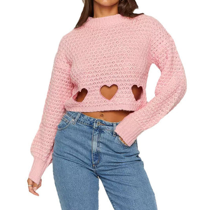 Damen Strickpullover Herz-Ausschnitte Crop-Design