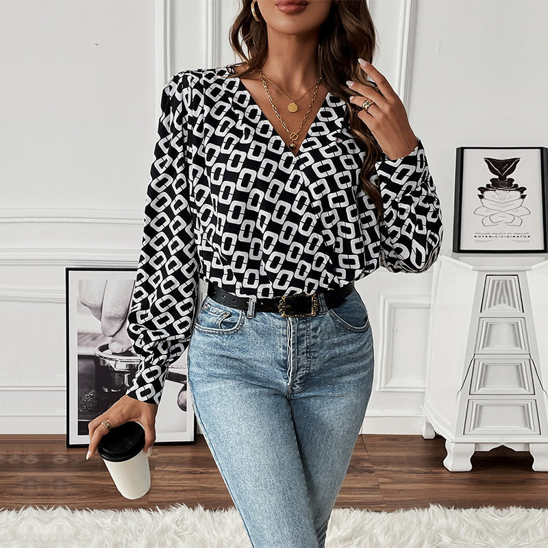 Damen Bluse Geometrisches Muster Puffärmel Elegant