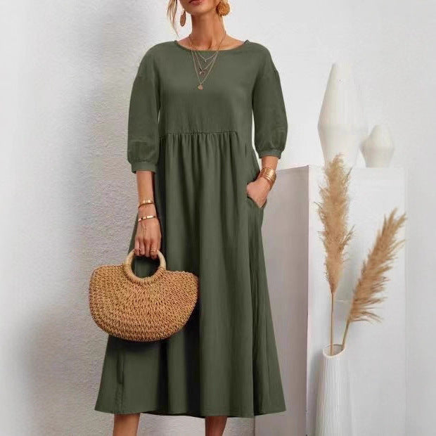 Eveloria Damen Midi-Kleid Ballonärmel mit Taschen