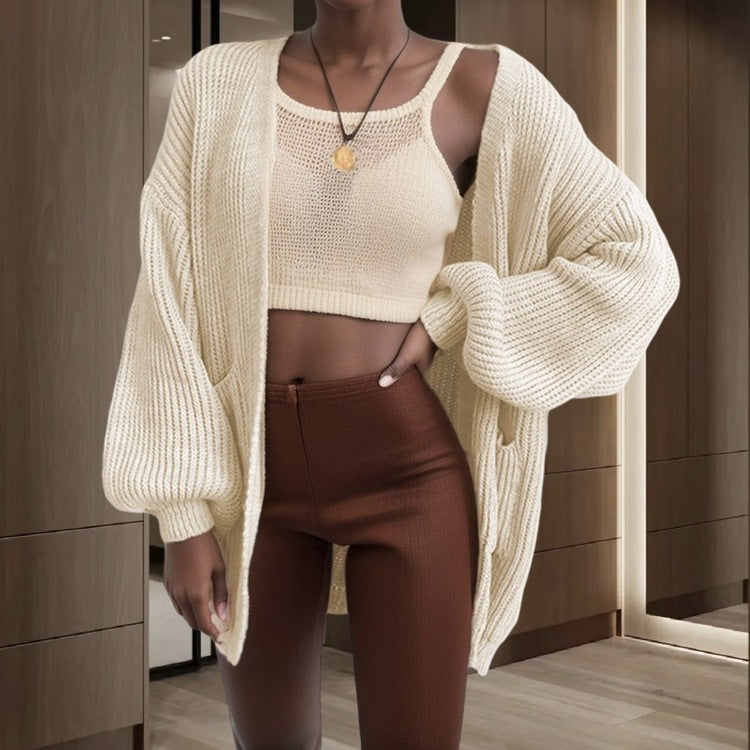 Damen Cardigan Grobstrick Voluminöse Ärmel