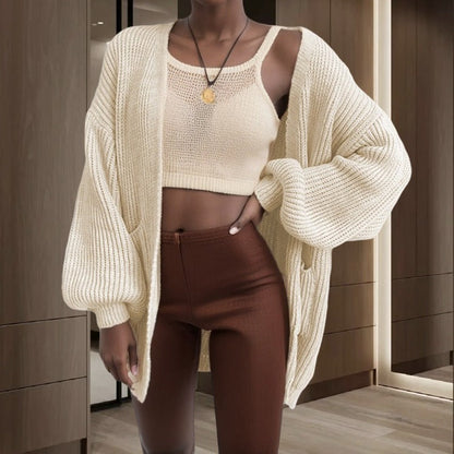 Damen Cardigan Grobstrick Voluminöse Ärmel
