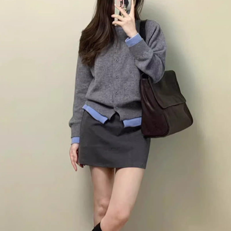 Damen Strickcardigan Feine Kontrastdetails Beige