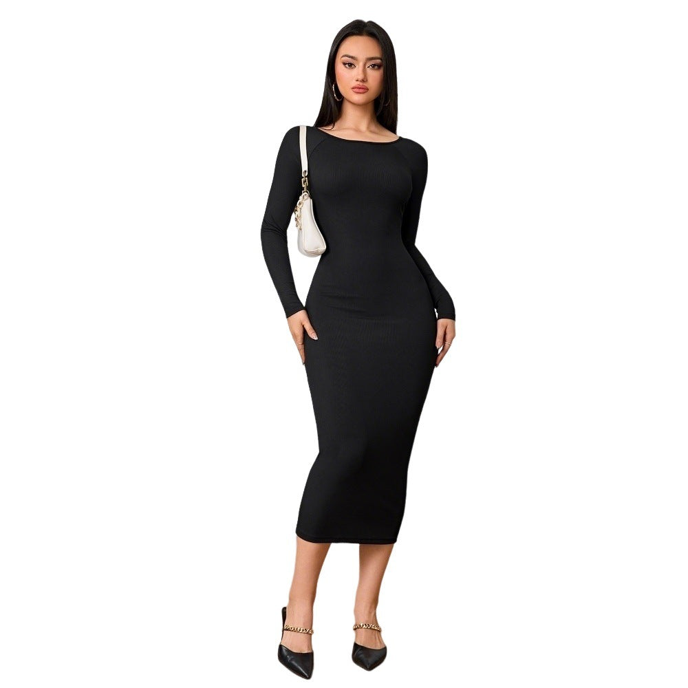 Damen Midi-Kleid Rundhalsausschnitt Länge Ärmel Eveloria