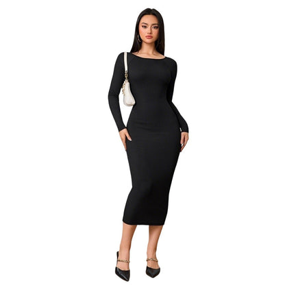 Damen Midi-Kleid Rundhalsausschnitt Länge Ärmel Eveloria