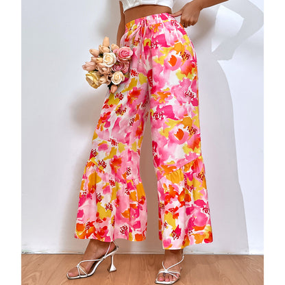 Damen Palazzo-Hose Bunt Blumen Rüschendetails - Eveloria