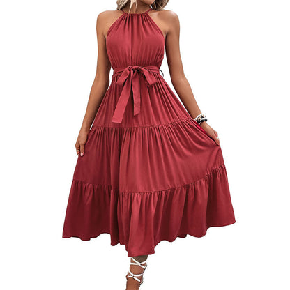 Damen Maxikleid V-Ausschnitt Taillengurt Voluminöser Rock