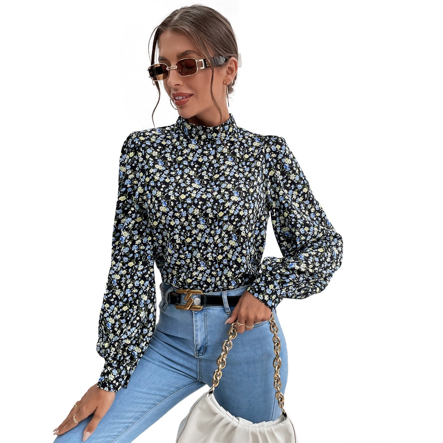 Damen Bluse Hochgeschlossener Kragen Voluminöse Ärmel Eveloria