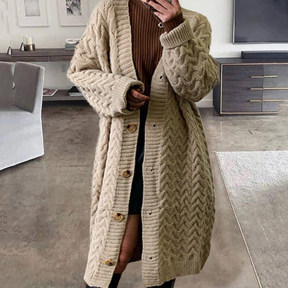 Damen Strickcardigan Voluminöses Zopfdesign Knopfverschluss Beige