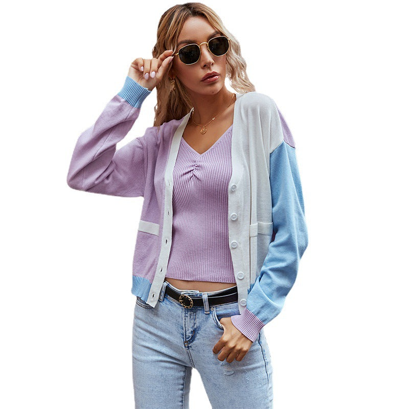 Damen Strickjacke Farbblock Weiches Material Knopfverschluss