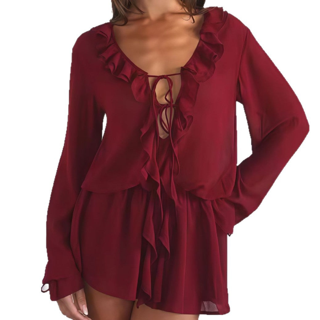 Damen Chiffonbluse Rüschendekoration V-Ausschnitt