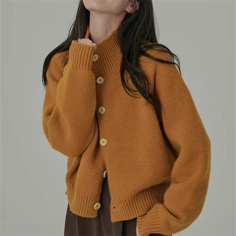 Damen Strickjacke Knielang Stehkragen Holzknöpfe Beige