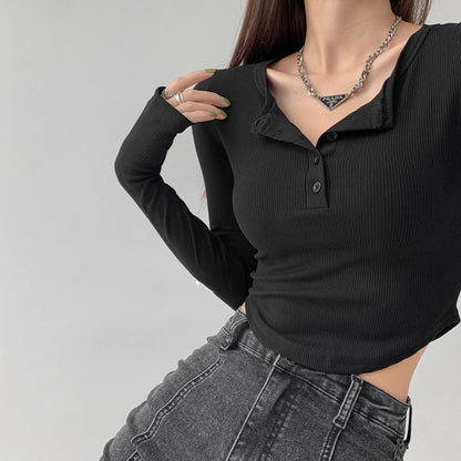 Damen Langarmshirt Dekorativ Knöpfe Lässig Weiß