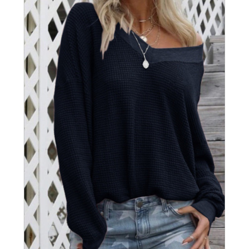 Damen Oversized Pullover Baumwoll V-Ausschnitt Rippdetails Grau
