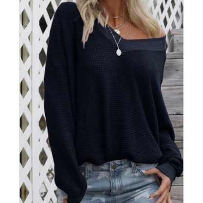 Damen Oversized Pullover Baumwoll V-Ausschnitt Rippdetails Grau