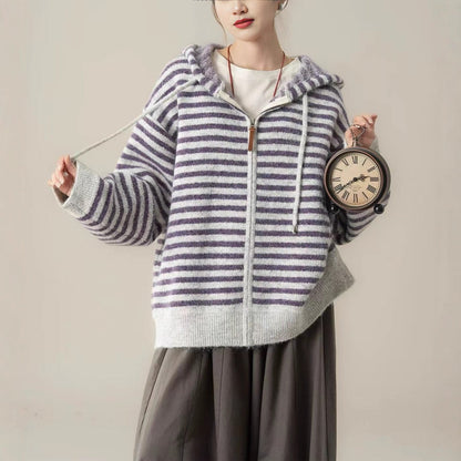 Damen Hoodie Gestreift Kängurutasche Reißverschluss Schwarz-Weiß - Eveloria