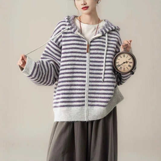 Damen Hoodie Gestreift Kängurutasche Reißverschluss Schwarz-Weiß - Eveloria