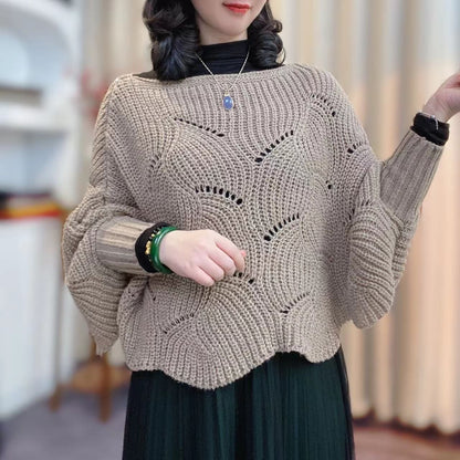 Damen Strickpullover Luftig Lochmuster Beige Eveloria