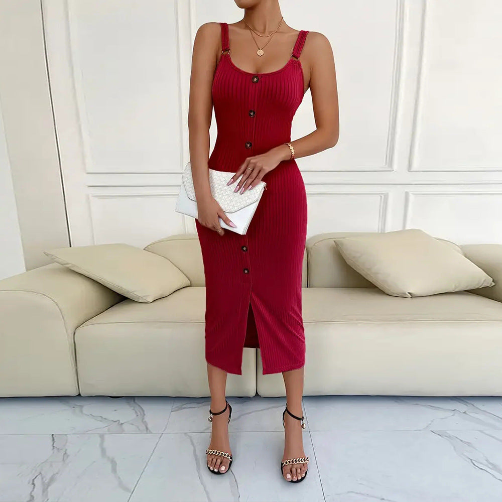 Damen Midi-Kleid Elastisch Rippdesign Knöpfe