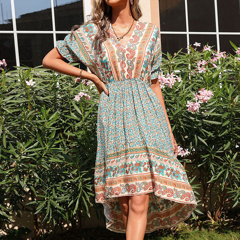 Damen Maxikleid Asymmetrischer Saum Floralmuster - Eveloria