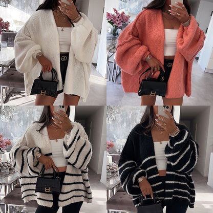 Damen Strickjacke Kuschelig Voluminöse Ärmel Grau Eveloria
