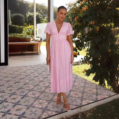 Damen Maxi-Kleid V-Ausschnitt Rüschen