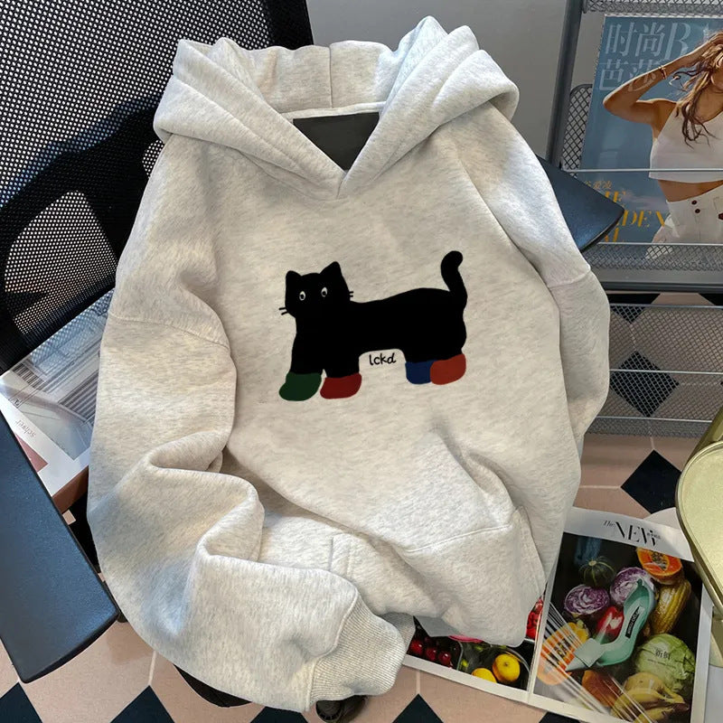Damen Kapuzenpullover Weit Katzenmotiv Eveloria - Eveloria