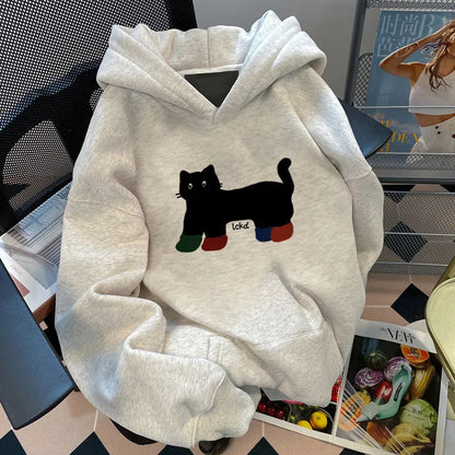 Damen Kapuzenpullover Weit Katzenmotiv Eveloria - Eveloria