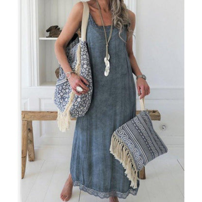 Damen Maxikleid Boho-Stil Spitze Beige