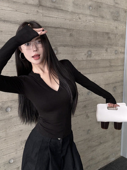 Damen Langarmshirt V-Ausschnitt Figurbetonter Stoff Eveloria