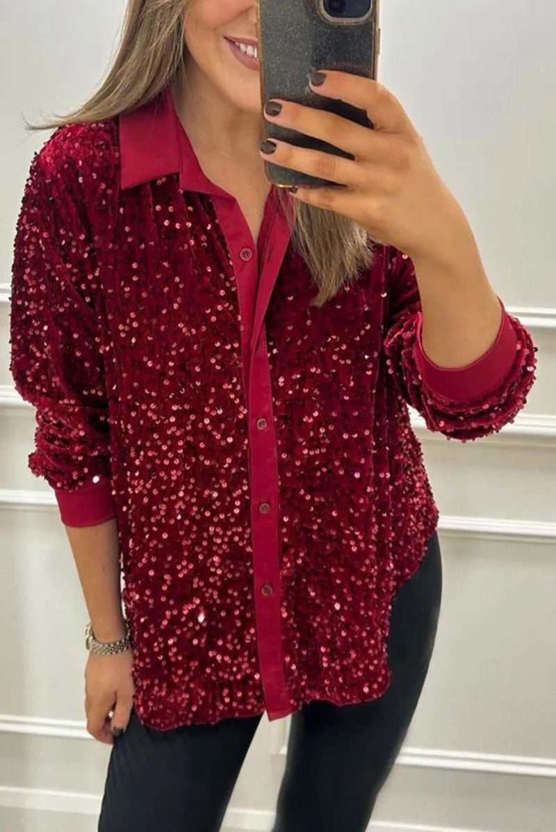 Damen Paillettenbluse Klassischer Kragen Langer Ärmel Glitzer Effekt
